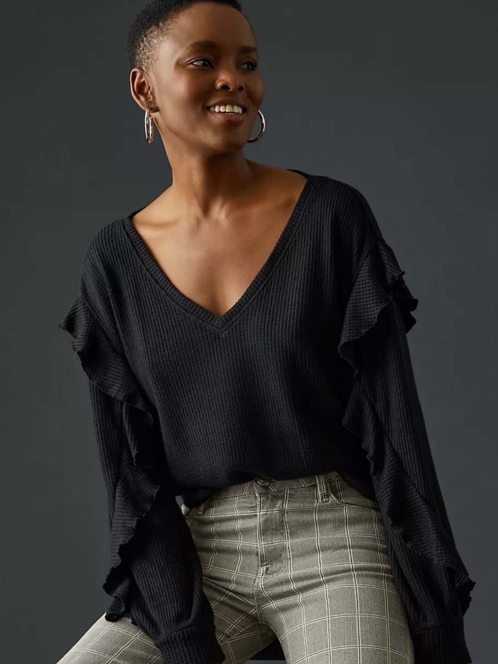Pilcro Black Ruffled V-Neck Top NWT